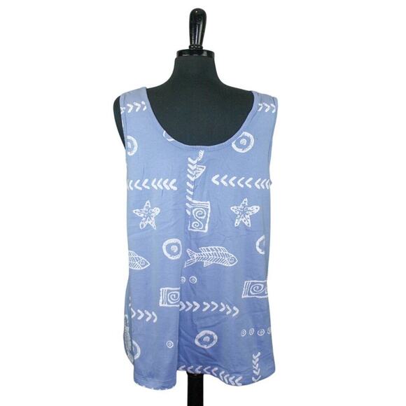 Baba Hawaii USA Tank Top A Line Blue White Ocean Fish Geometric Print - Picture 2 of 3